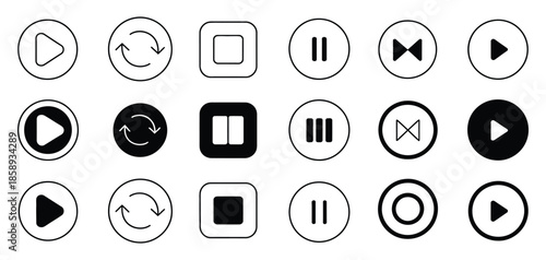 Media Player Button Icons Set, Including Pause, Rewind, Fast Forward Icons, UI Elements, Music Player Buttons, Video Controls