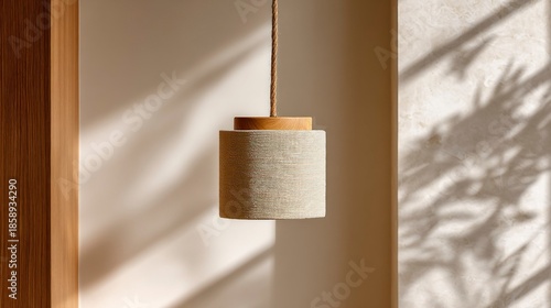 Rope and knot lamp styled in Japandi-inspired interior with wood texture  