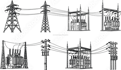 Electric power transmission and distribution infrastructure illustration set, high voltage towers, substations, transformers, utility poles, industrial energy grid systems networks