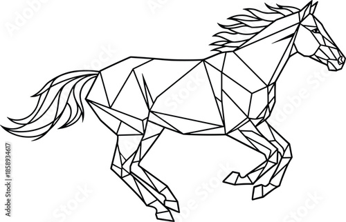 Geometric running horse illustration, polygonal equine vector line art, dynamic motion, modern minimalist abstract animal design, logo branding tattoo print