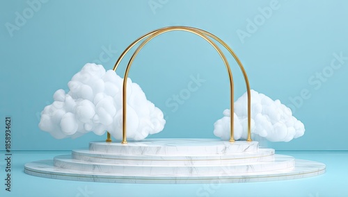 Abstract architectural stage with clouds and golden arch on light blue background