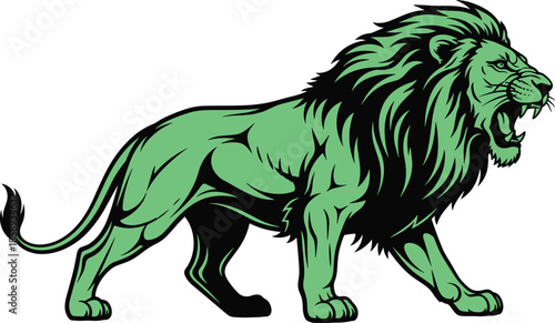 Green lion illustration, roaring powerful wild animal mascot design, aggressive big cat vector artwork, strength, courage, logo branding