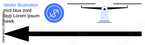 Navigation, technology, transportation, motion, quadcopter usage, direction concept. A horizontal-winged Quadcopter and a large black directional arrow. Navigation and technology concept in a modern