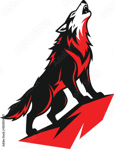 Howling wolf logo vector illustration, aggressive red black wolf mascot, modern esports emblem, wild animal branding design for gaming teams