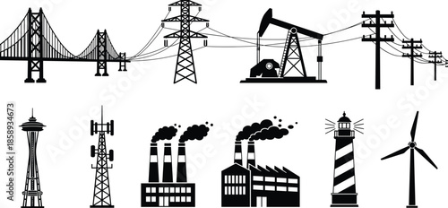 Industrial energy and infrastructure silhouette icons set, power transmission, oil pump, factory, bridge, wind turbine, lighthouse vector illustration