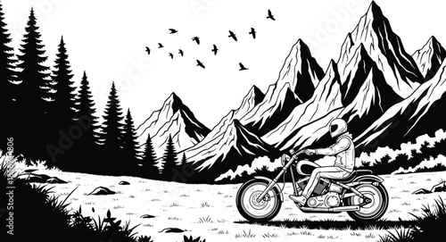 Motorcycle rider in mountain landscape illustration, adventure travel scene with forest peaks birds, black and white vector artwork line art