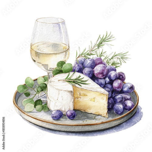 Watercolor painting of cheese, grapes, wine, and herbs on a plate