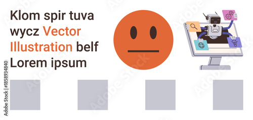 Communication, AI technology, task automation, digital interfaces, workflow optimization, robotics. Neutral face emotion alongside a robot performing tasks on a computer screen. Communication and AI