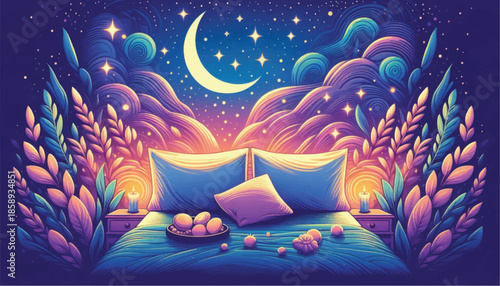 Cozy bedroom with glowing plants and a celestial night sky.