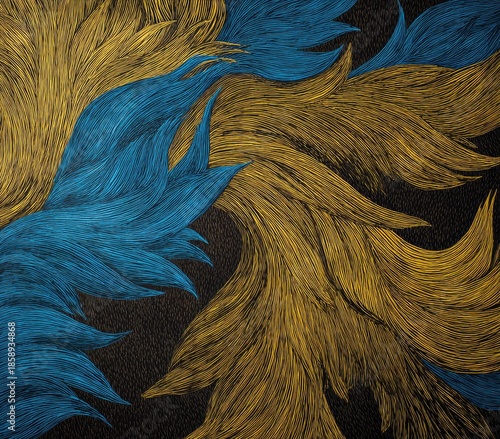 Abstract artwork with blue and yellow textured brushstrokes on black background