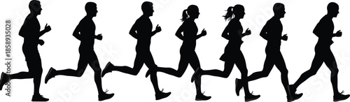 Running people silhouettes vector illustration, group of joggers in motion, black human figures for fitness, marathon, sport design use