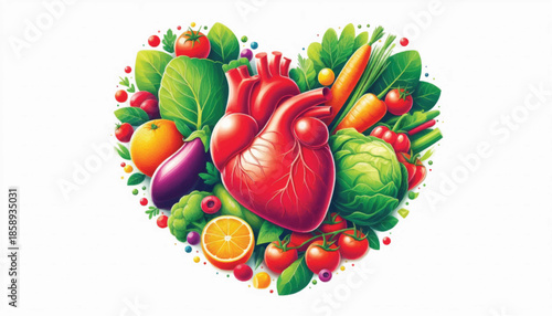 Heart surrounded by fresh fruits and vegetables symbolizing healthy eating and a strong heart.
