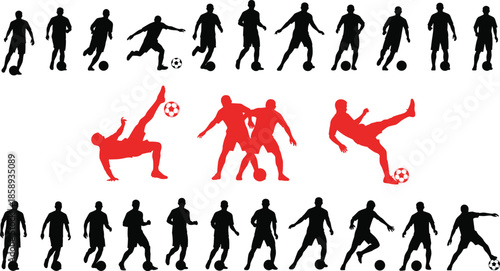 Soccer player silhouettes collection, football action poses set, dribbling kicking tackling movements, black red vector illustration sports design