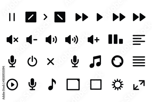 Media Player Icons Set, Including Video and Audio Controller Buttons, Music and Multimedia Navigation Elements