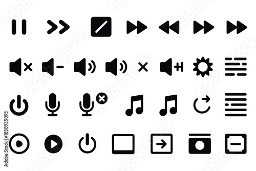 Media Player Icons Set, Video and Audio Controller Buttons, Music and Multimedia Navigation Collection, Featuring Microphone Icon with Volume Sign