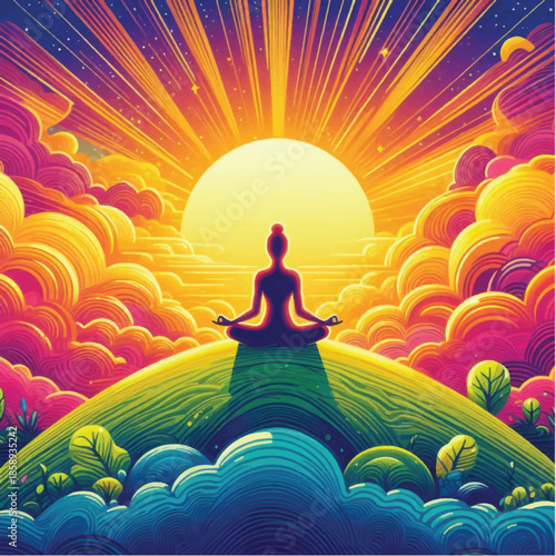 Silhouette of a person meditating on a hill at sunrise.