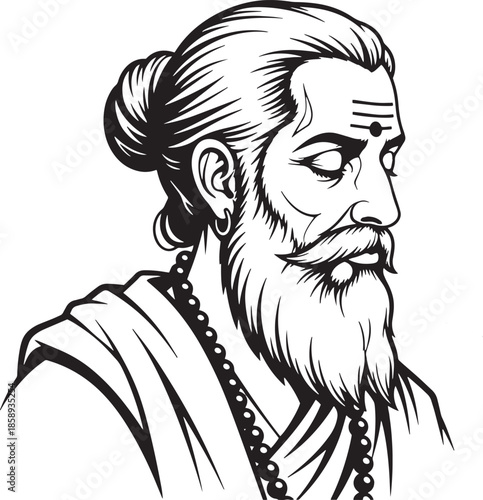  Indian sage or Maharishi Valmiki line art vector illustration on white.