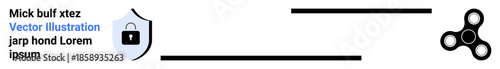 Cybersecurity, privacy protection, data encryption, dynamic processes, secure systems, identity management. Shield with lock next to a spinner. Cybersecurity and privacy protection