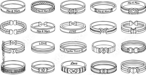 Couple Rings and Bracelets Black and White Line Art Vector Collection - Romantic His and Hers Love Jewelry for Engagement, Wedding, and Anniversary Gifts