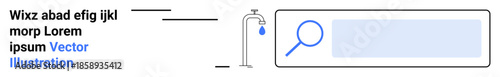 Sustainability, water conservation, eco-friendly living, environmental awareness, resource management, online search. Faucet dripping water with magnifying glass and text. Water conservation