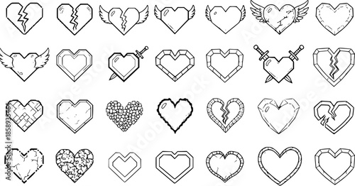 Collection of Heart Icons in Black and White Line Art Style for Valentine's Day, Love, and Emotions
