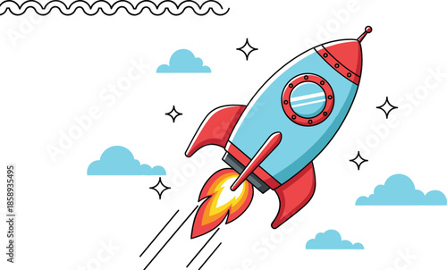 Cartoon space rocket ship launching into sky with fire and clouds vector illustration for startup launch concept, astronomy education, and kid’s science project.