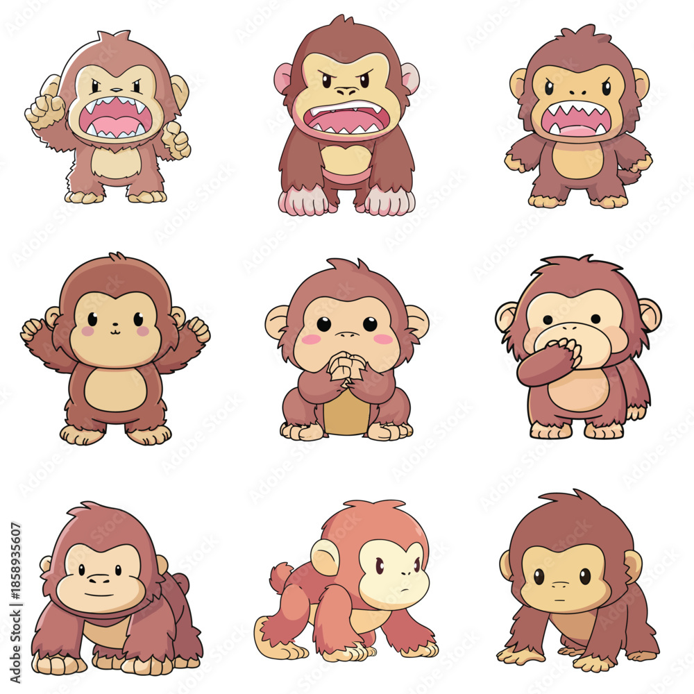 Fototapeta premium Set Icon of Orangutan kawaii minimal flat