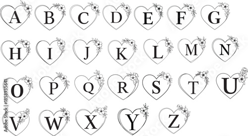 Monogram heart alphabet with floral accents for Valentine’s Day  designs.