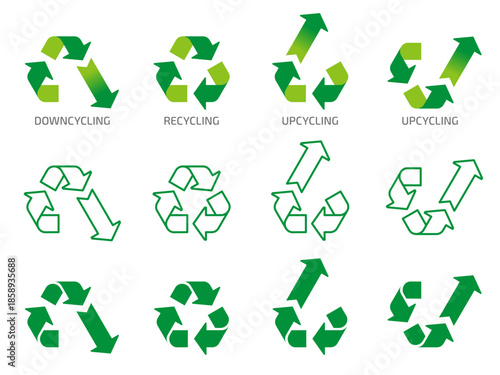 アップサイクル・リサイクル・ダウンサイクルのアイコンセット。