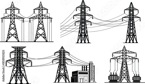 Electric power transmission towers illustration set, high voltage pylons energy infrastructure grid industrial utility silhouette vector black line art design