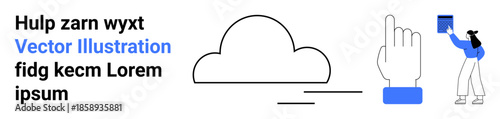 Data sharing, cloud technology, digital interaction, user interface elements, networking, file management. A cloud, a hand icon and a person interacting with a document. Cloud technology and digital