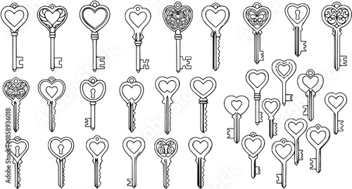 Black and White Line Art Collection of Vintage Heart Keys, Romantic and Decorative Design Elements