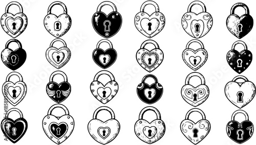 Collection of Heart-Shaped Padlock Illustrations, Black and White Line Art Style, Romantic Security Symbols