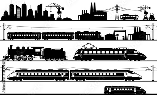 Railway transportation vector illustration, modern and vintage trains with industrial city skyline silhouette, high-speed rail infrastructure design, urban transit concept graphic