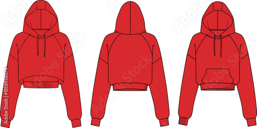 Red Cropped Hoodie Technical Fashion Flat Sketch, Three Views (Front, Back, Pocket), Raglan Sleeve, Sportswear Apparel CAD Vector Template, Streetwear Style.