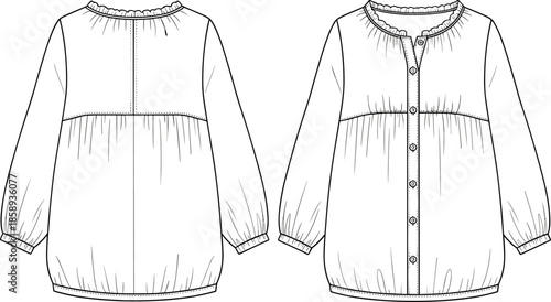 Relaxed Fit Peasant Blouse Flat Sketch Technical Drawing, Full Button Front Placket, Gathered Yoke, Frill Neckline, Long Sleeves, Women's Apparel Vector Template, Front and Back View.