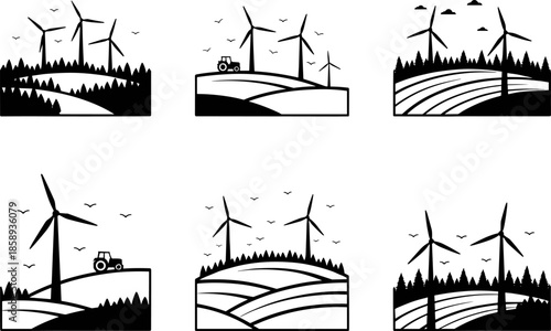 Renewable energy farmland vector illustrations featuring wind turbines, rolling hills, tractors, forests, and birds, showcasing sustainable agriculture, eco-friendly rural landscapes, 