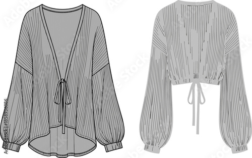 Rib Knit Tie-Front Cardigan Flat Sketch Technical Drawing, Cropped Length, Voluminous Balloon Sleeves, Deep V-Neck, Women's Apparel Vector Template, Front and Back Tie Detail.
