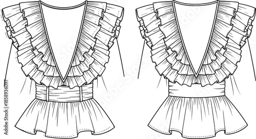 Ruffled Peplum Blouse Technical Fashion Flat Sketch, Deep V-Neck, Cascade Ruffles, Wide Belt Waist Vector CAD Illustration Template.