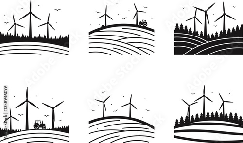Scenic renewable energy farmland illustrations featuring wind turbines, rolling hills, tractors, forests, and birds, highlighting sustainable agriculture, eco-friendly landscapes, 