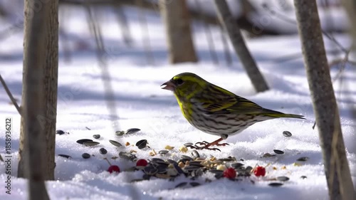 A colorful bird feeds on seeds scattered in a snowy environment