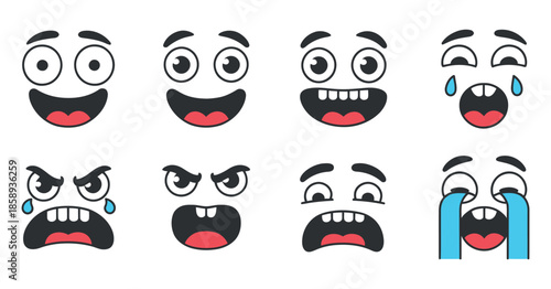 a collection of cartoon eyes and mouth combinations displaying a range of emotions including happiness sadness and anger arranged in a grid