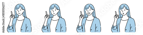 指差し　案内・説明・注意　表情違いの女性のシンプル線画　ブルー