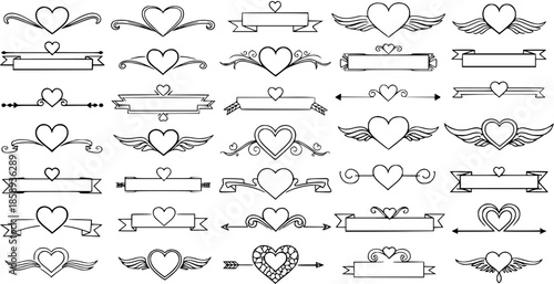 Black and white line art hearts with banners and flourishes for Valentine's Day or wedding design, romantic decorative elements.