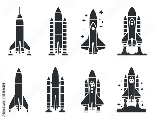 a collection of stylized rocket ship silhouettes depicting various spacecraft designs all in a dark monochrome aesthetic high quality professional