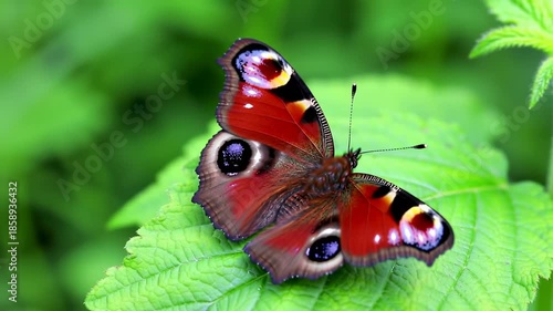 A colorful butterfly with eyespots rests on a textured green leaf