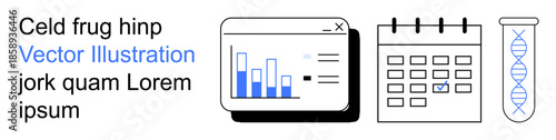 Data analysis, research planning, biotechnology, scheduling, project management, laboratory studies. A graph on a screen, calendar with a checkmark and DNA strand in a test tube. Data analysis