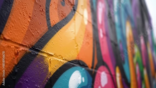 A colorful, detailed graffiti mural on a textured brick wall