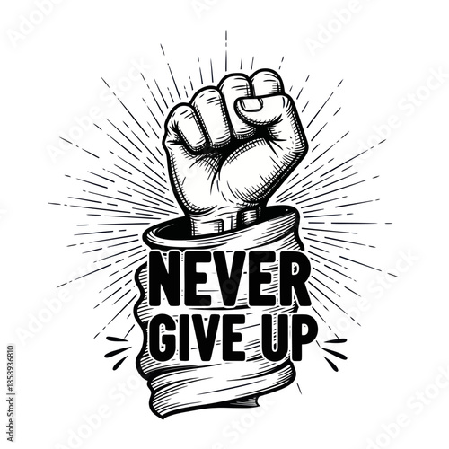 Clenched Fist with Never Give Up Text.