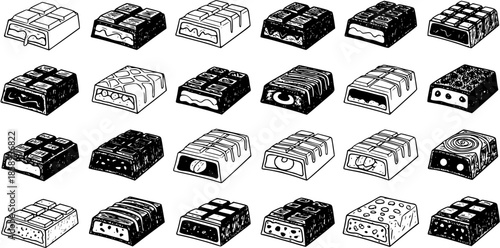 Hand-drawn Black and White Line Art Chocolate Bars Collection. Food and Confectionery Vector Illustration Set of Sweet Treats and Desserts for Packaging, Menus, and Snack Designs.
